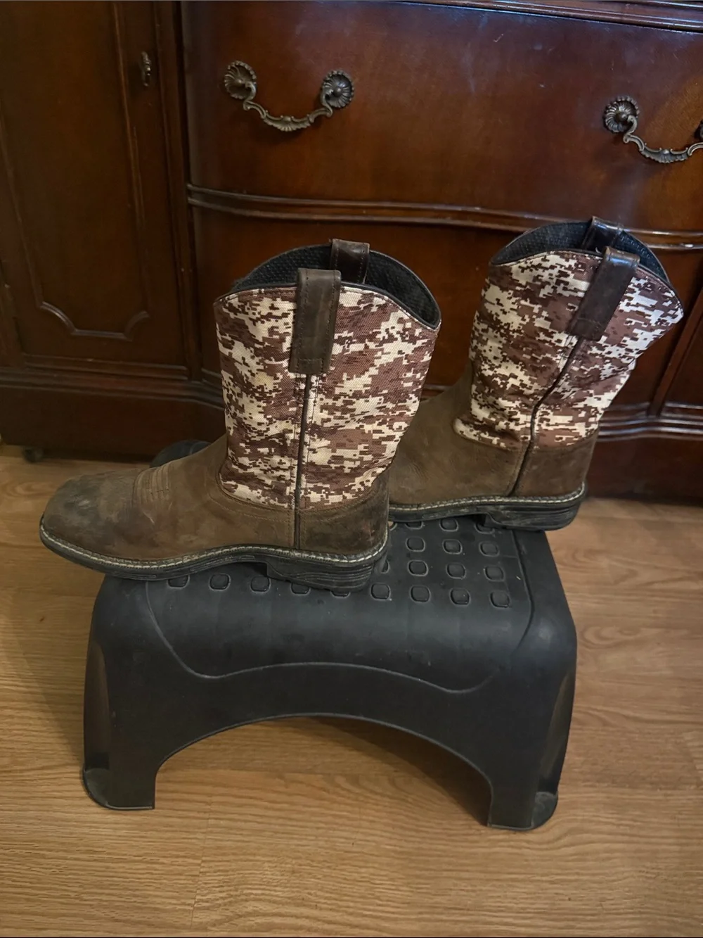 Old West Brown Leather & Camo Canvas Kids' Pull-On Boots